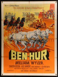 3e348 BEN-HUR French 1p '60 incredible art of Charlton Heston in chariot race by Roger Soubie!