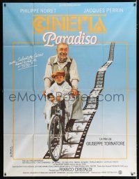 3e373 CINEMA PARADISO French 1p '89 great image of Philippe Noiret & Salvatore Cascio on bike!