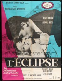 3e406 ECLIPSE French 1p '62 Michelangelo Antonioni, c/u of Alain Delon kissing sexy Monica Vitti!