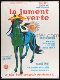3e434 GREEN MARE French 1p R70s Clement Hurel art of horse wearing hat & carrying flower!