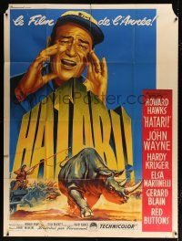 3e442 HATARI French 1p '62 Howard Hawks, best art of John Wayne in Africa by Roger Soubie!