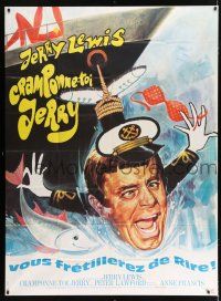 3e448 HOOK, LINE & SINKER French 1p '69 wacky different art of Jerry Lewis jumping from ship!