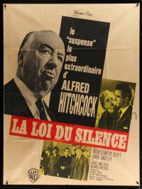 3e453 I CONFESS French 1p R60s Alfred Hitchcock shown with Montgomery Clift & Anne Baxter!