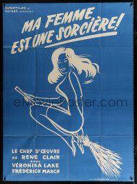 3e454 I MARRIED A WITCH blue French 1p R50s different art of sexy Veronica Lake flying on broom!