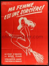 3e455 I MARRIED A WITCH red French 1p R50s different art of sexy Veronica Lake flying on broom!