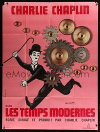 3e525 MODERN TIMES French 1p R70s Leo Kouper art of Charlie Chaplin running by real gears!