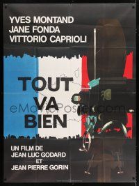 3e624 TOUT VA BIEN French 1p '72 Jean-Luc Godard, cool art of movie camera over French flag!