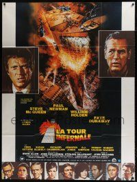 3e625 TOWERING INFERNO French 1p '74 Steve McQueen, Paul Newman, art of burning building by Berkey