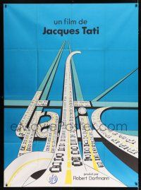 3e626 TRAFFIC French 1p '73 Jacques Tati as Mr. Hulot, wonderful title treatment art!