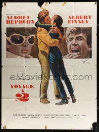 3e628 TWO FOR THE ROAD French 1p '67 art of Audrey Hepburn kissing Albert Finney by Grinsson!