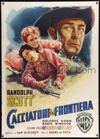3e138 BOUNTY HUNTER Italian 1p '54 Martinati art of Randolph Scott & girls catfighting over gun!