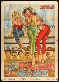 3e187 GLI ITALIANI E LE VACANZE Italian 1p '62 Fidani art of men staring at sexy ladies at beach!