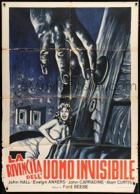 3e208 INVISIBLE MAN'S REVENGE Italian 1p R60s H.G. Wells, cool different art of terrified girl!