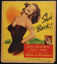 3e663 AFFAIR IN TRINIDAD WC '52 best art of sexiest Rita Hayworth laughing in low-cut dress!