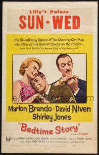 3e692 BEDTIME STORY WC '64 great image of Marlon Brando, David Niven & Shirley Jones!