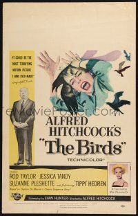3e697 BIRDS WC '63 Alfred Hitchcock, Tippi Hedren, classic art of attacking avians!
