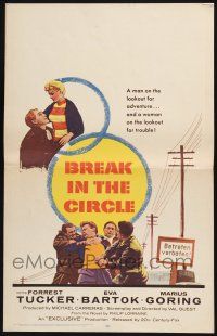 3e702 BREAK IN THE CIRCLE WC '57 Val Guest, Forrest Tucker, Eva Bartok on the lookout for trouble!