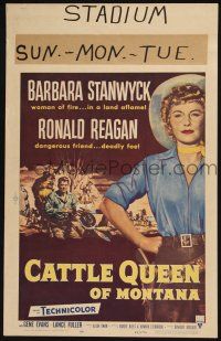 3e717 CATTLE QUEEN OF MONTANA WC '54 full-length cowgirl Barbara Stanwyck, Ronald Reagan