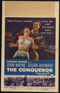 3e724 CONQUEROR WC '56 barbarian John Wayne grabs half-dressed sexy Susan Hayward!
