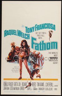 3e746 FATHOM WC '67 art of sexy nearly-naked Raquel Welch in parachute harness & action scenes!