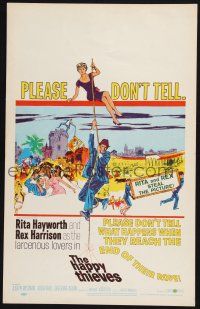 3e774 HAPPY THIEVES WC '62 cool artwork of Rita Hayworth & Rex Harrison sliding down rope!