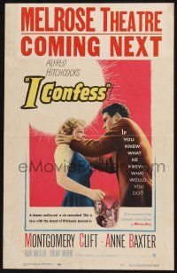 3e792 I CONFESS WC '53 Alfred Hitchcock, art of Montgomery Clift grabbing Anne Baxter!