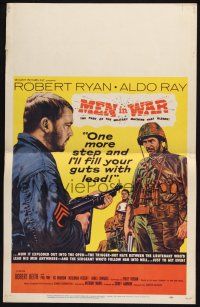 3e857 MEN IN WAR WC '57 art of Robert Ryan pointing gun at Aldo Ray, Korea War!