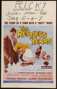 3e897 RESTLESS YEARS WC '58 John Saxon & Sandra Dee are condemned by a town with a dirty mind!