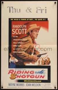 3e899 RIDING SHOTGUN WC '54 great image of cowboy Randolph Scott with smoking gun!