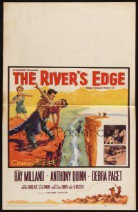3e900 RIVER'S EDGE WC '57 Ray Milland & Anthony Quinn fighting on cliff, Debra Paget