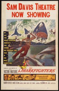 3e912 SHARKFIGHTERS WC '56 Victor Mature, cool artwork of man fighting sharks w/knife!