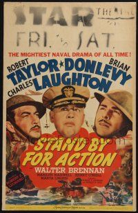 3e936 STAND BY FOR ACTION WC '43 art of Navy sailors Robert Taylor, Laughton & Donlevy!