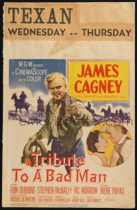 3e966 TRIBUTE TO A BAD MAN WC '56 great art of cowboy James Cagney, pretty Irene Papas!