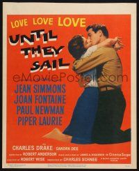 3e972 UNTIL THEY SAIL WC '57 great romantic close up of Paul Newman & sexy Jean Simmons!
