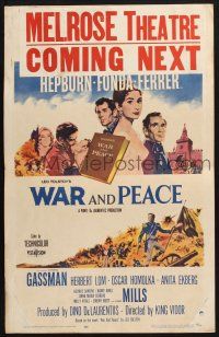 3e980 WAR & PEACE WC '56 art of Audrey Hepburn, Henry Fonda & Mel Ferrer, Leo Tolstoy epic!