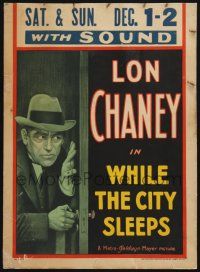 3e985 WHILE THE CITY SLEEPS WC '28 undercover detective Lon Chaney Sr, Anita Page!
