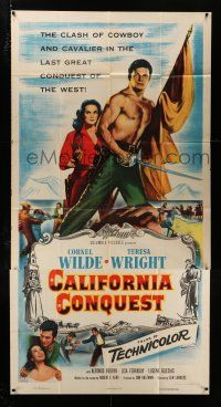 3g618 CALIFORNIA CONQUEST 3sh '52 barechested Cornel Wilde & Teresa Wright fight for freedom!