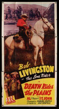 3g652 DEATH RIDES THE PLAINS 3sh '43 Bob Livingston as The Lone Rider wearing mask on horse!