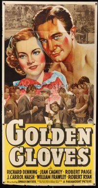 3g712 GOLDEN GLOVES 3sh '40 art of boxer Richard Denning & pretty Jeanne Cagney!
