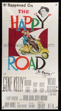 3g723 HAPPY ROAD 3sh '57 romantic art of Gene Kelly & Barbara Laage riding & kissing on Vespa!
