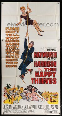 3g724 HAPPY THIEVES 3sh '62 cool artwork of Rita Hayworth & Rex Harrison climbing rope!