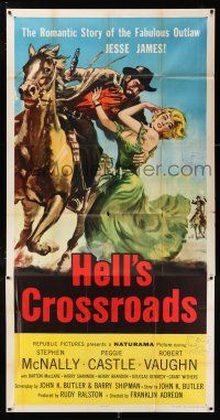 3g732 HELL'S CROSSROADS 3sh '57 Stephen McNally as Jesse James on horse & sexy Peggy Castle!