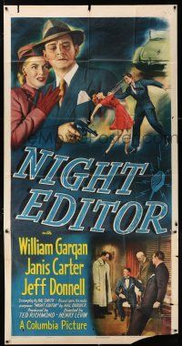 3g834 NIGHT EDITOR 3sh '46 art of William Gargan with gun & super sexy Janis Carter!