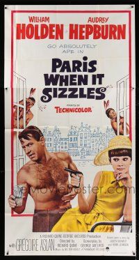 3g852 PARIS WHEN IT SIZZLES 3sh '64 Audrey Hepburn with gun & barechested William Holden in France!