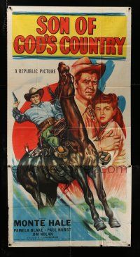 3g907 SON OF GOD'S COUNTRY 3sh '48 art of Monte Hale on horse with gun & protecting Pamela Blake!