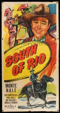 3g910 SOUTH OF RIO 3sh '49 full-length art of sheriff Monte Hale smiling & riding horse!