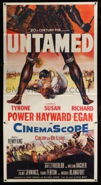 3g965 UNTAMED 3sh '55 cool art of Tyrone Power & Susan Hayward in Africa with native tribe!