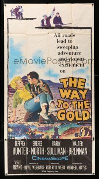3g974 WAY TO THE GOLD 3sh '57 great image of Jeffrey Hunter carrying wounded Sheree North!