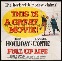3g261 FULL OF LIFE 6sh '57 newlyweds Judy Holliday & Richard Conte, the heck with modest claims!