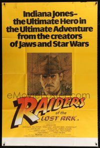 3g038 RAIDERS OF THE LOST ARK English 40x60 '81 great art of Harrison Ford by Richard Amsel!